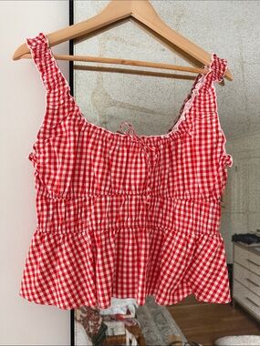 Sunday Best Red and White Gingham Smocked Peplum Tank